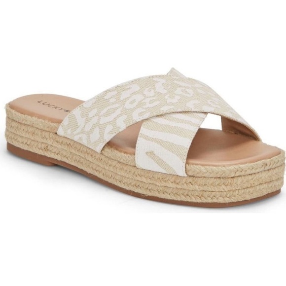 LUCKY BRAND NEW GAYTE SLIDE SANDALS NATURAL TEXTILE LEOPARD PRINT 7 8.5 - Picture 1 of 10